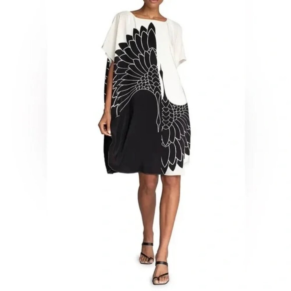 trina turk silk crane dress black white midi